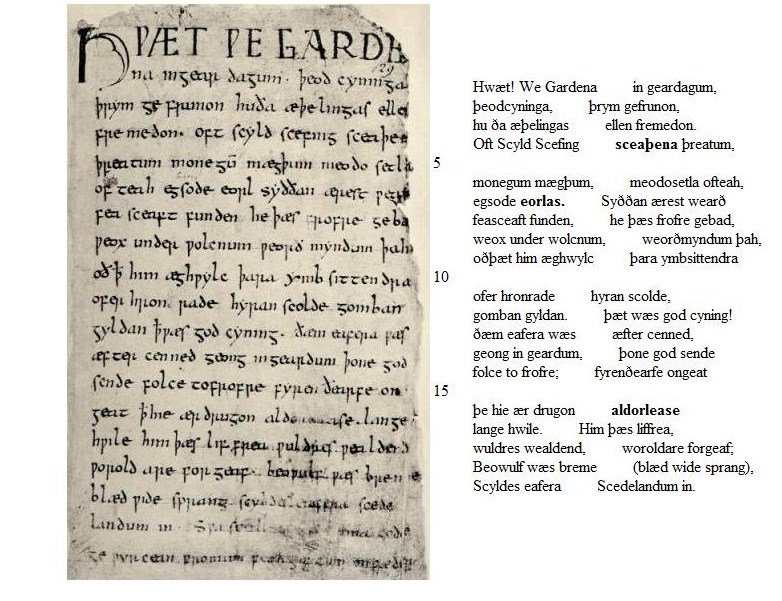 The beginning of the epic poem Beowulf with original old English text
