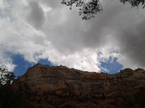At Zion National Park, August 2014, approaching the Narrows.  In canyons, I like the contrast between high stone walls and sky.  Here, I also like the dark tone. 